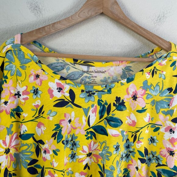 Woman Within Womens Plus 5X Floral Tunic Top Yellow Boat Neck Shirt Short Sleeve - Picture 8 of 10